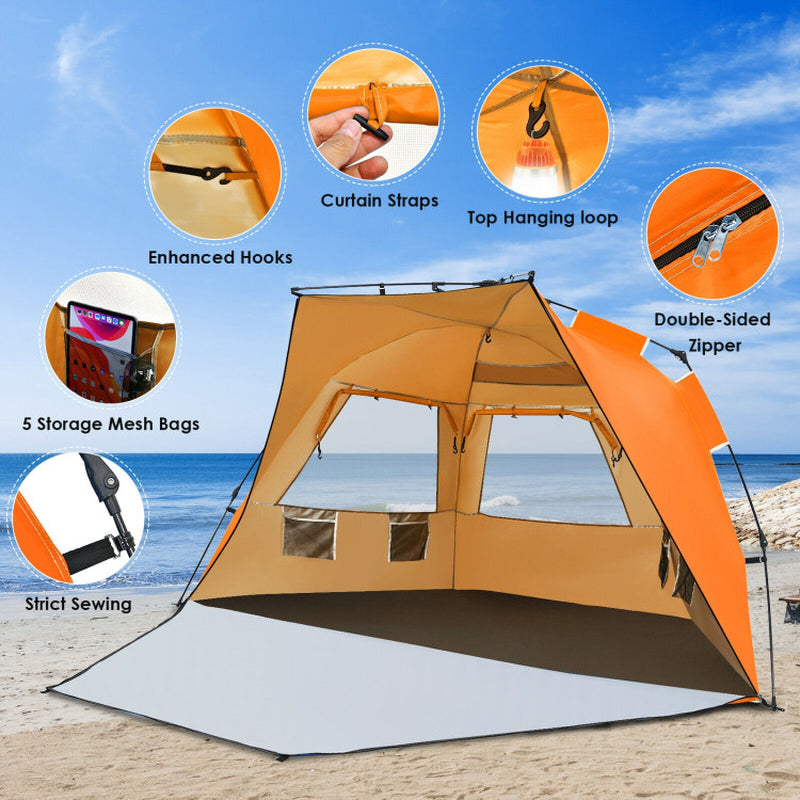 Professional title: "Portable Sun Shelter with UPF 50+ Protection for 3-4 People - Easy Pop Up Beach Tent in Orange"