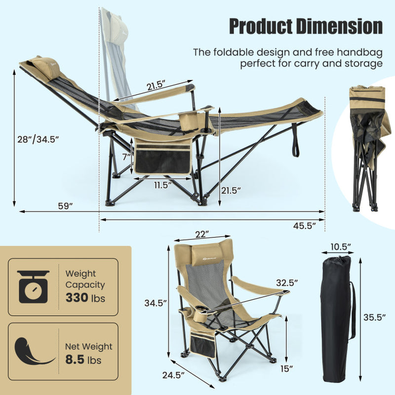 Professional title: "Khaki Camping Lounge Chair with Detachable Footrest and Adjustable Backrest"