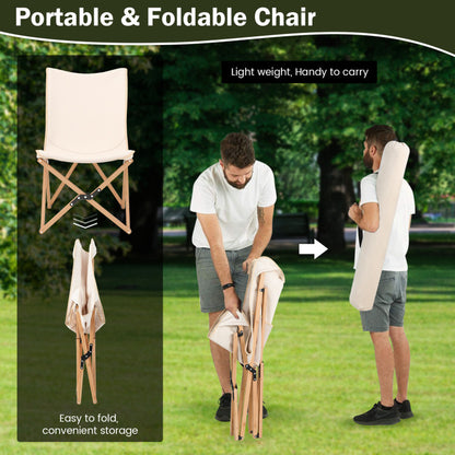 Professional title: "Pair of Bamboo Folding Chairs with Storage Pocket - Ideal for Camping and Fishing in Beige"