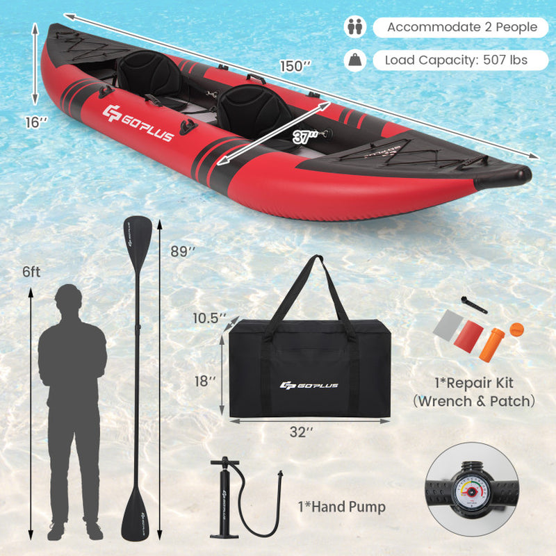 Professional title: "2-Person Inflatable Kayak Set with Aluminum Oars and Repair Kit in Red"