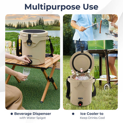 Professional title: "10 Quart Insulated Ice Chest Drink Cooler with Spigot, Flat Seat Lid, and Adjustable Strap in Beige"