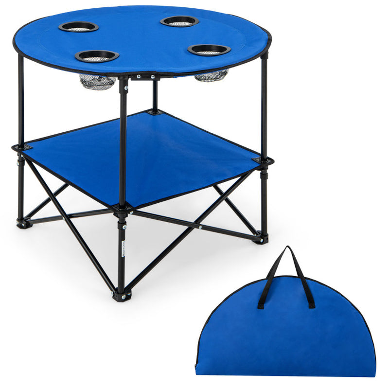 Professional title: "Portable 2-Tier PicNic Table in Blue with Carrying Bag and 4 Cup Holders"