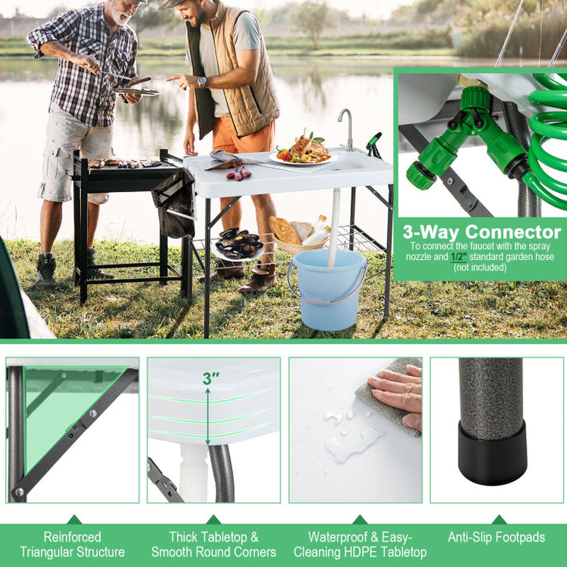 Professional title: "Portable Camping Fish Cleaning Table with Grid Rack and Faucet System"