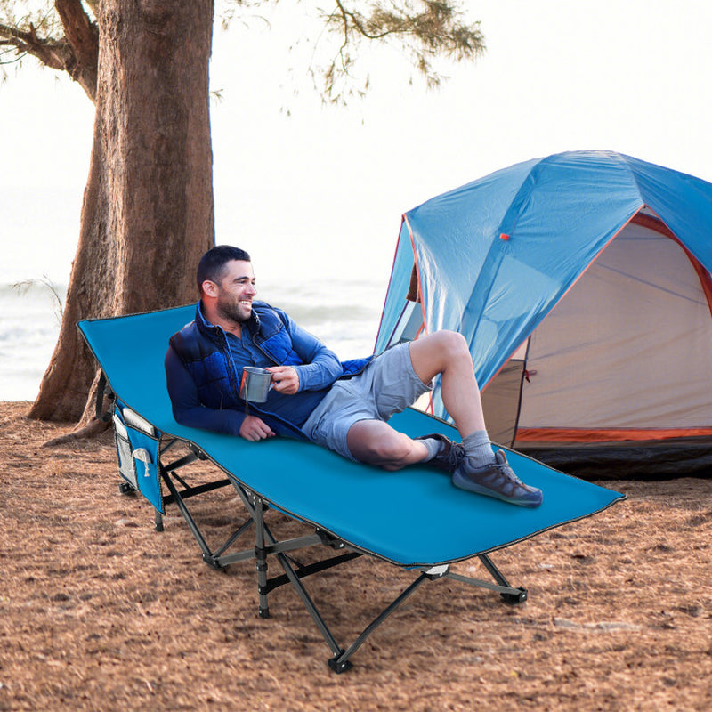 Professional title: "Portable Folding Camping Cot in Blue with Carry Bag"