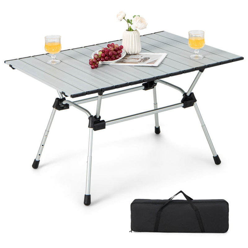 Professional title: ```Portable Heavy-Duty Aluminum Camping Table with Carrying Bag in Silver```