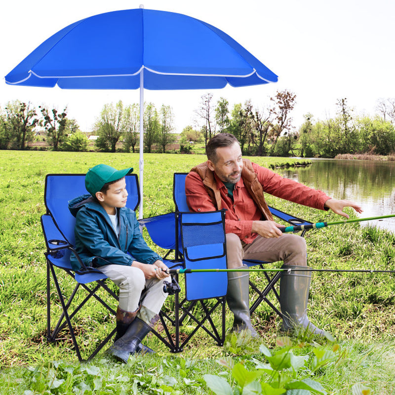 Professional title: "Gray Portable Folding Picinic Double Chair with Umbrella"