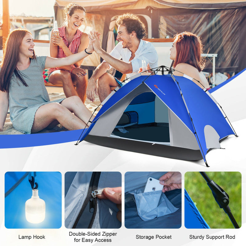 Professional title: "Blue 2-In-1 Instant Pop-Up Waterproof Camping Tent for 4 People"