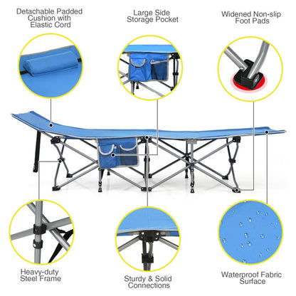 Professional title: ```Green Folding Camping Cot with Side Storage Pocket and Detachable Headrest```