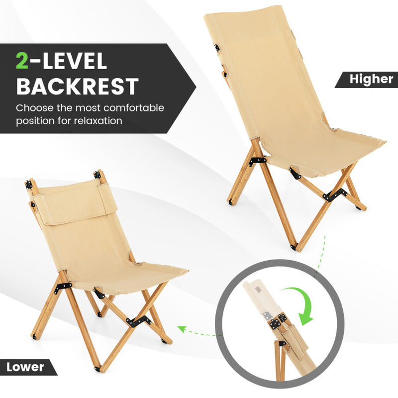 Professional rewrite: 
```Natural Bamboo Folding Camping Chair with Two-Level Adjustable Backrest```