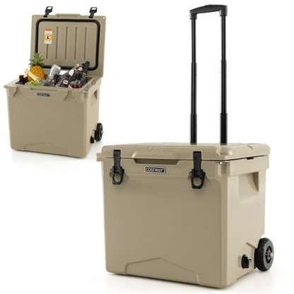 Professional Title: "42-Quart Wheeled Hard Cooler in Tan with Convenient Handle"