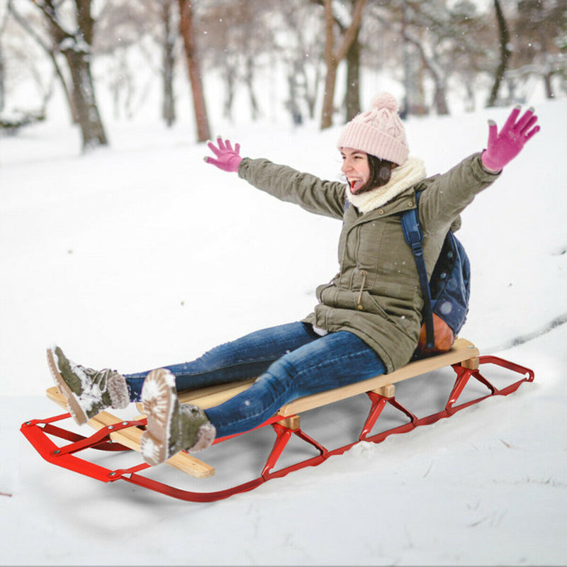 Professional title: "54-Inch Children's Wooden Snow Sled with Metal Runners and Steering Bar"