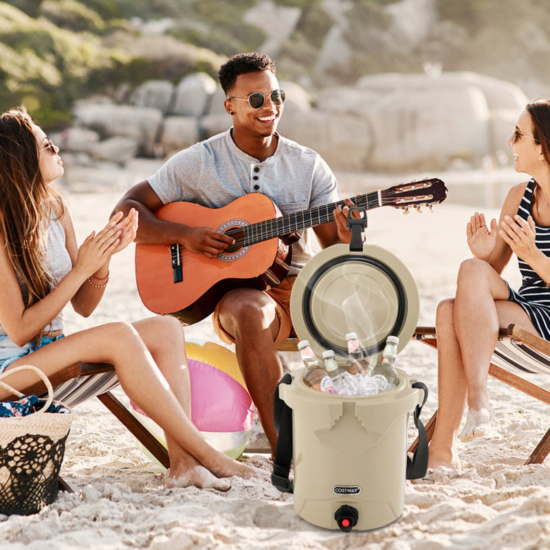 Professional title: "10 Quart Insulated Ice Chest Drink Cooler with Spigot, Flat Seat Lid, and Adjustable Strap in Beige"