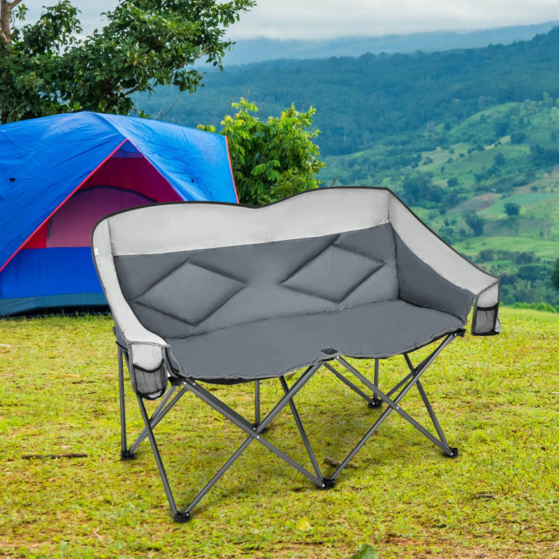 Professional title: "Gray Folding Camping Chair with Storage Bags and Padded Backrest"