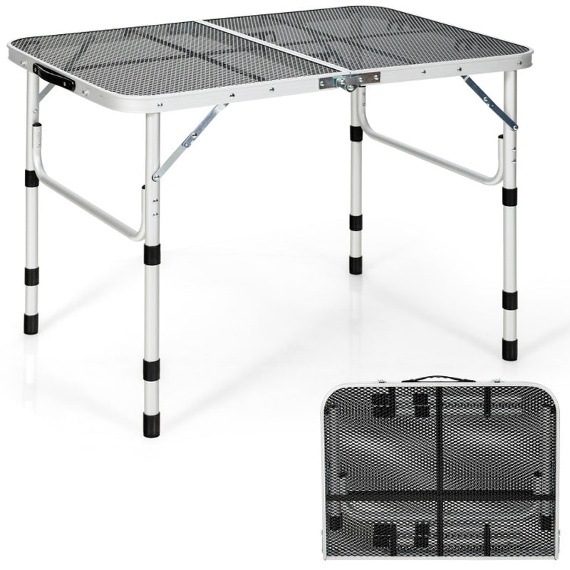 Professional title: "Silver Aluminum Grill Table with Iron Mesh Top"