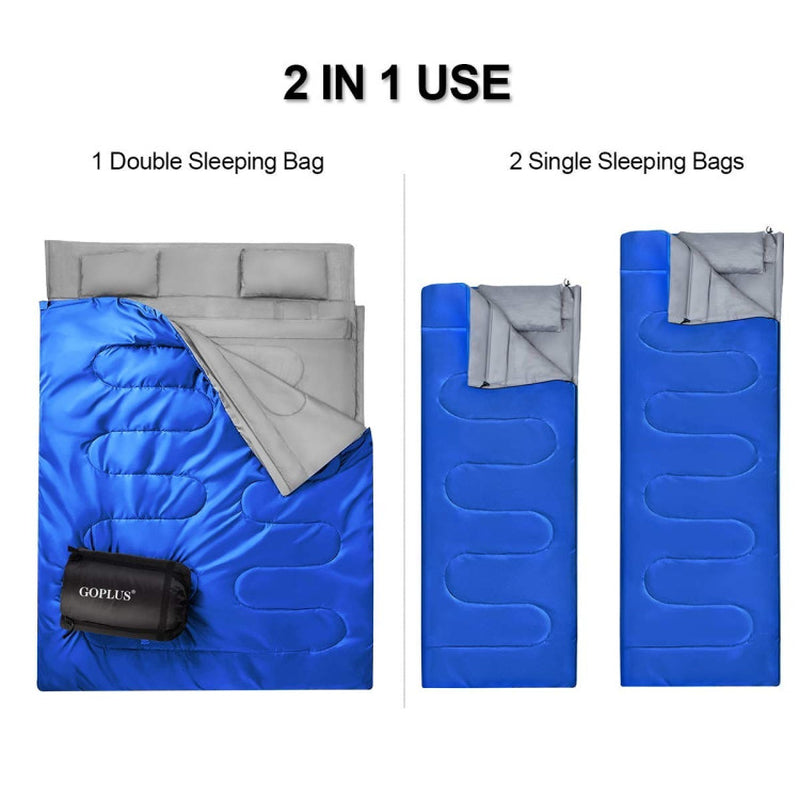 Professional title: "Two-Person Waterproof Sleeping Bag Set with Two Pillows in Blue"