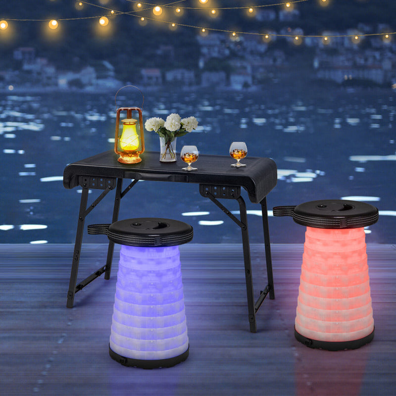 Professional title: "3-Piece Folding Camping Table and Stool Set with 2 Retractable LED Stools in Black Color"