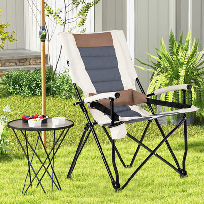 Professional title: ```Portable Camping Chair with Armrest, Cup Holder, and Lumbar Support Pillow```