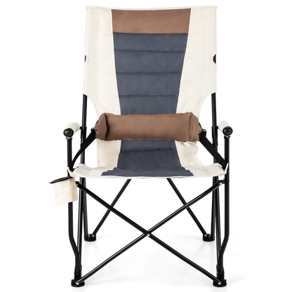 Professional title: ```Portable Camping Chair with Armrest, Cup Holder, and Lumbar Support Pillow```