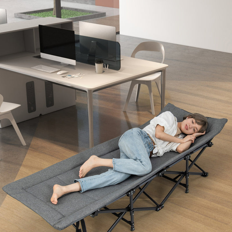 Professional title: "Portable Camping Cot with Carry Bag, Cushion, and Headrest in Gray"