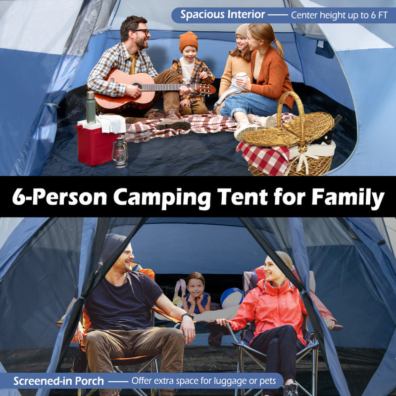 Professional title: "Spacious 6-Person Camping Dome Tent with Screen Room Porch and Detachable Rainfly"