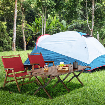 Professional title: 
```Red Patio Folding Chair with Sturdy Bamboo Frame for Camping and Beach Use```