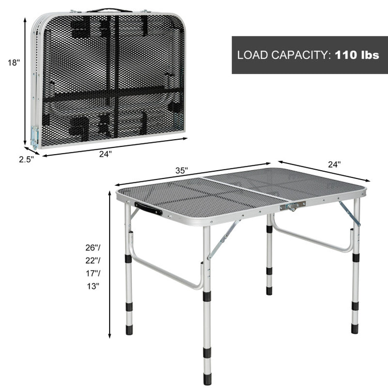 Professional title: "Silver Aluminum Grill Table with Iron Mesh Top"