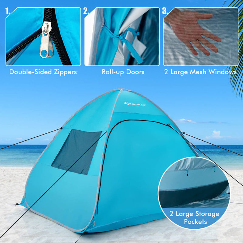 Professional title: "Blue Automatic Pop-Up Beach Tent with Carrying Bag"