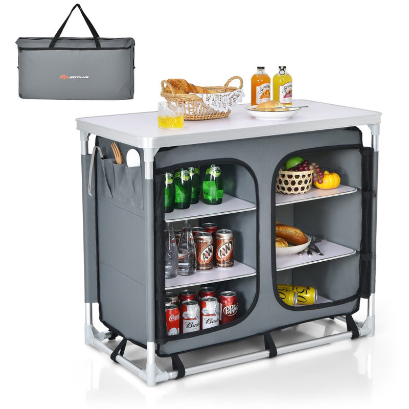 Professional title: ```Gray Portable Camping Kitchen Table with Integrated Storage Shelves```