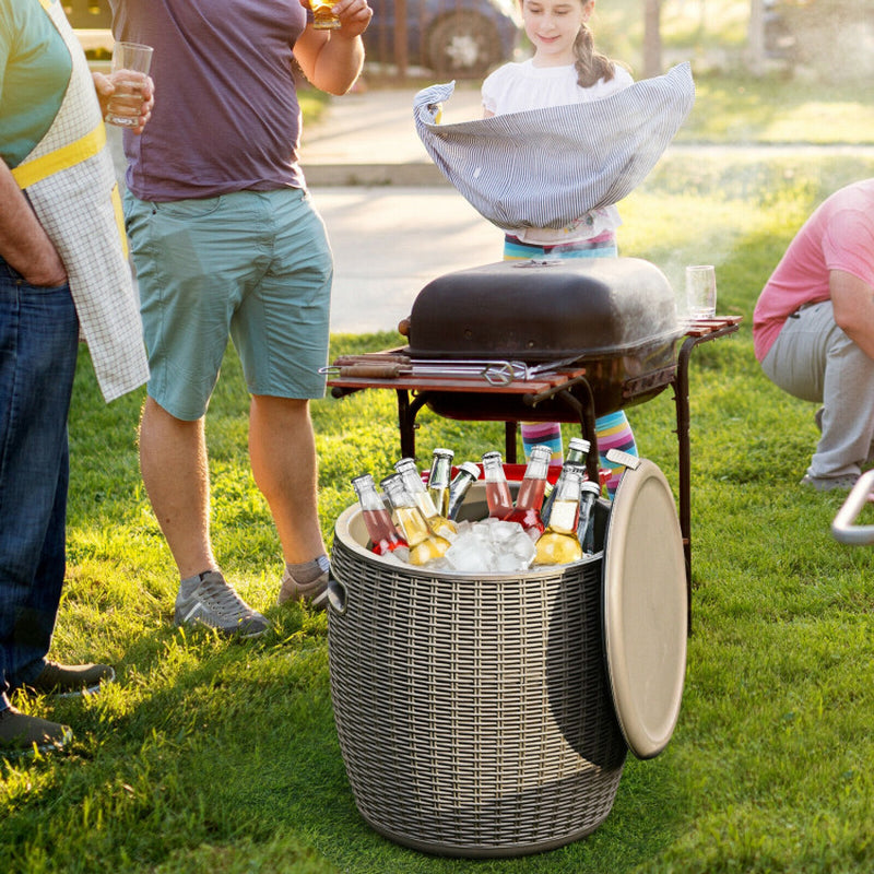 Revised title: "9.5 Gallon 4-In-1 Patio Rattan Cool Bar Cocktail Table Side Table in Brown Finish"