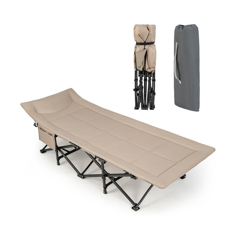 Professional title: "Portable Folding Camping Cot with Carry Bag, Cushion, and Headrest in Khaki"