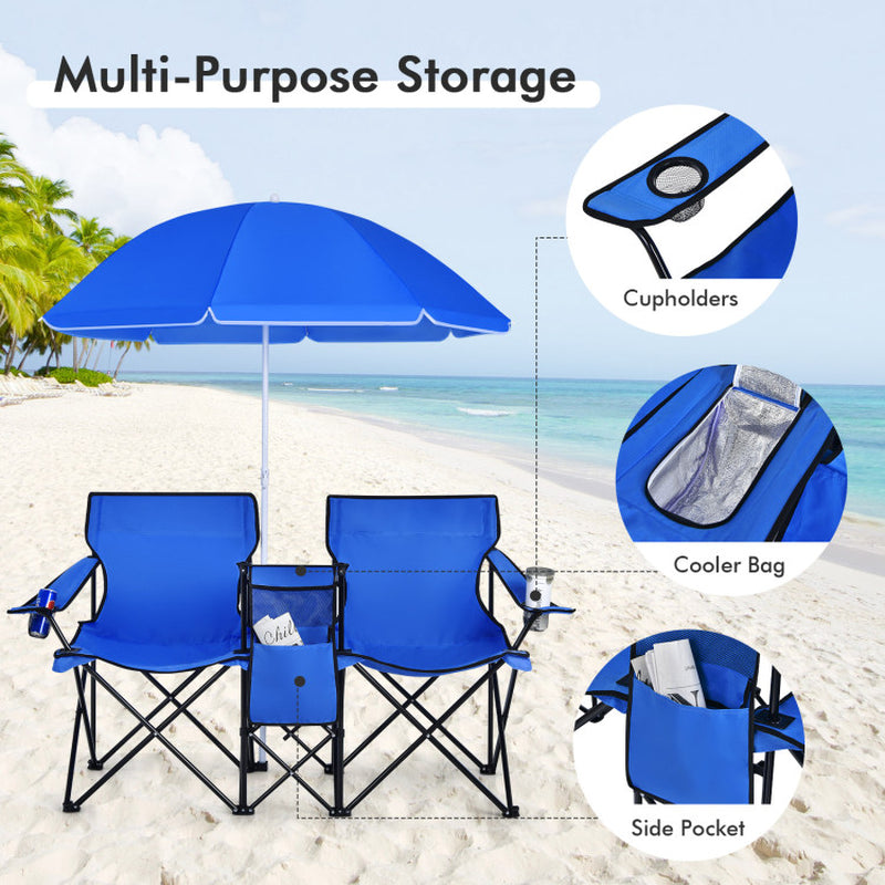 Professional title: "Gray Portable Folding Picinic Double Chair with Umbrella"