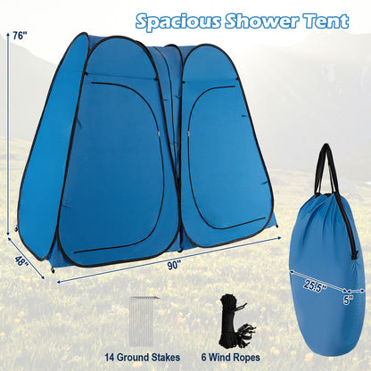 Professional title: ```Large Portable Shower Tent with Window, Floor, and Storage Pocket in Blue```