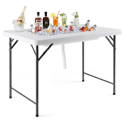 Professional title: "Portable 4-Foot Folding Ice Bin Table with Skirt for Outdoor Events - White"