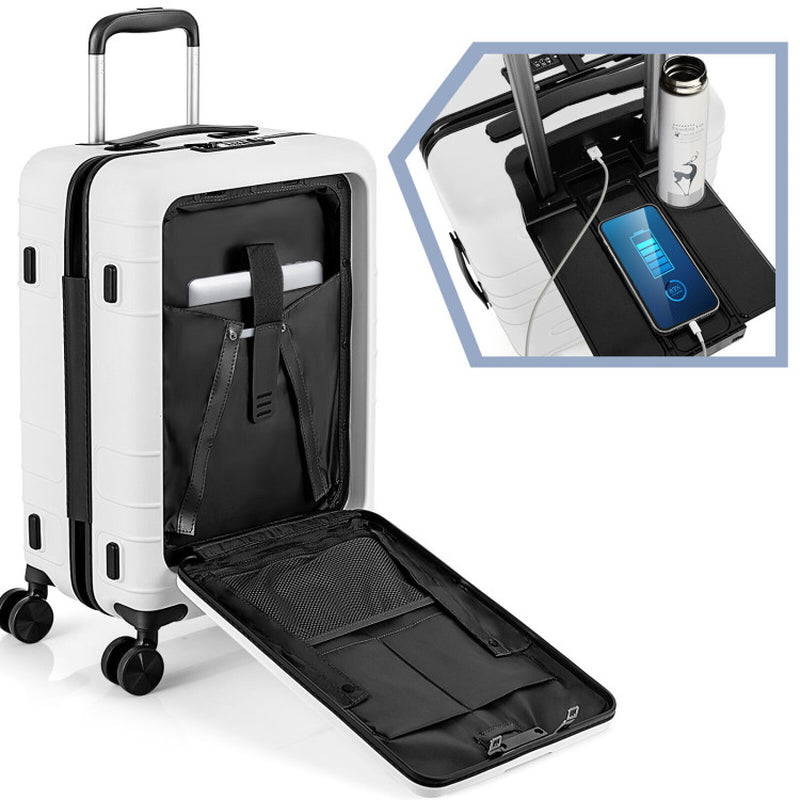 Professional title: "20-Inch PC Hardside Carry-On Luggage with TSA Lock, Front Pocket, and USB Port in Black"