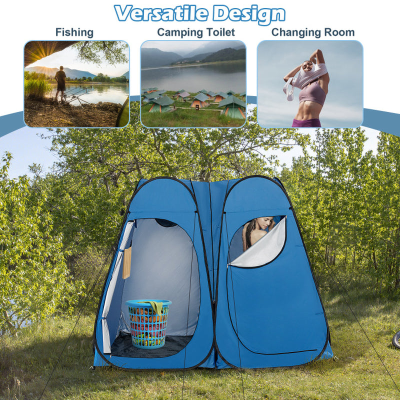 Professional title: ```Large Portable Shower Tent with Window, Floor, and Storage Pocket in Blue```