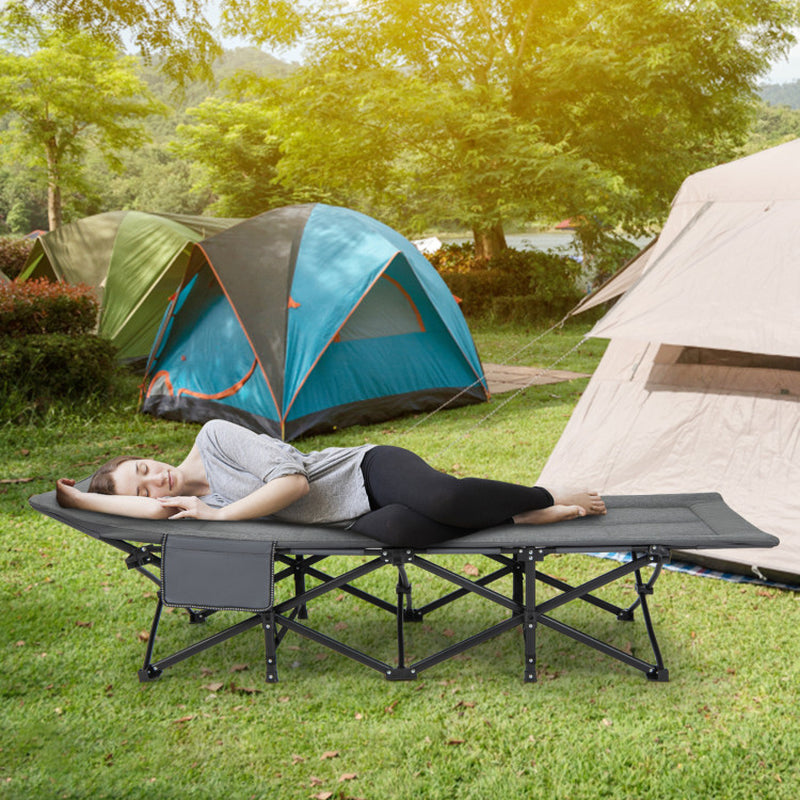 Professional title: "Portable Camping Cot with Carry Bag, Cushion, and Headrest in Gray"