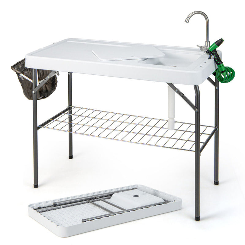 Professional title: "Portable Camping Fish Cleaning Table with Grid Rack and Faucet System"