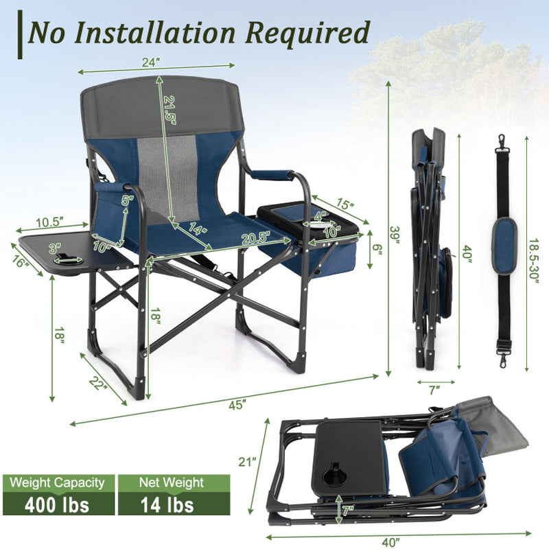 Professional title: "Black Folding Camping Director's Chair with Cooler Bag and Side Table"