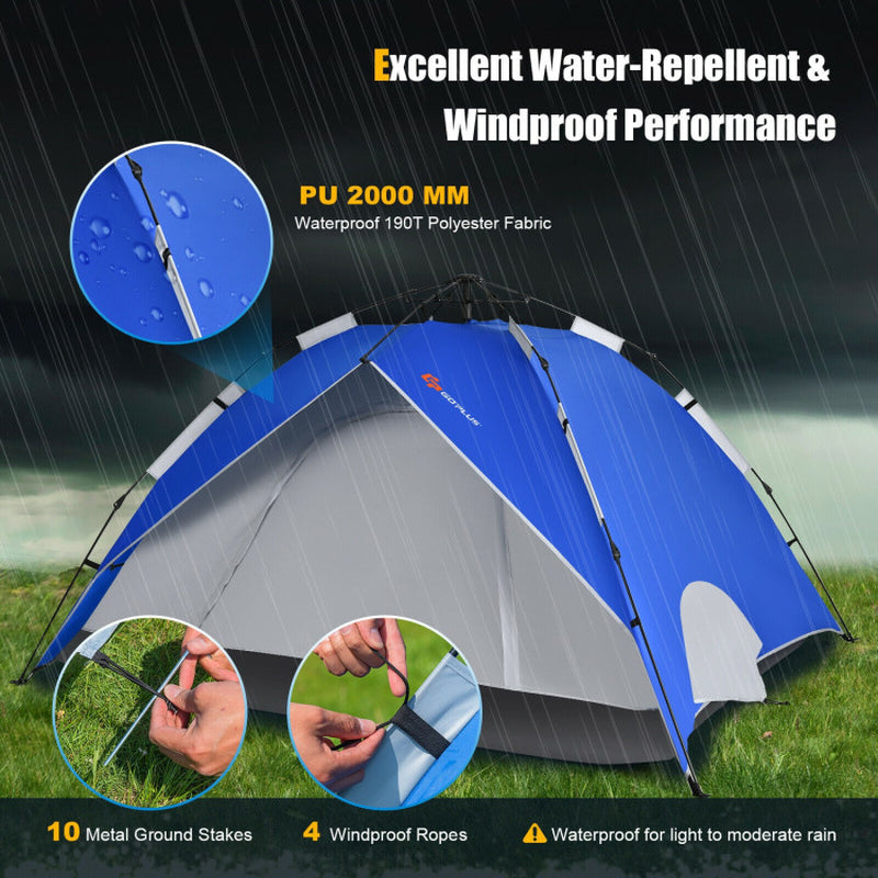 Professional title: "Blue 2-In-1 Instant Pop-Up Waterproof Camping Tent for 4 People"