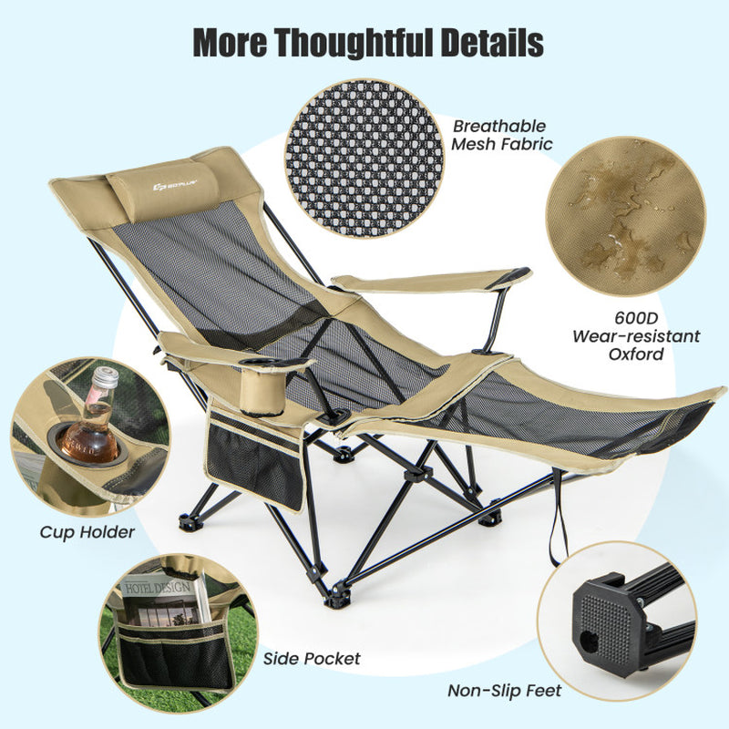 Professional title: "Khaki Camping Lounge Chair with Detachable Footrest and Adjustable Backrest"