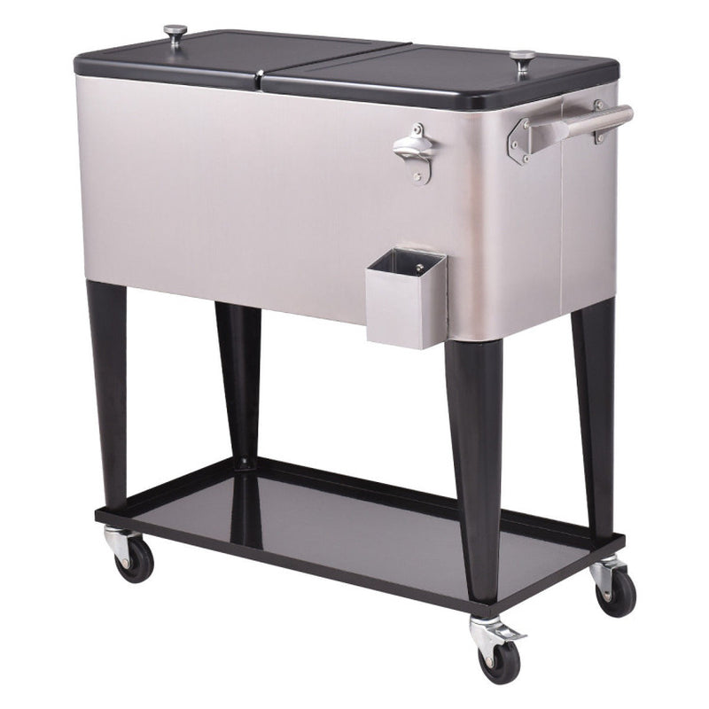 Professional title: "80 Quart Stainless Steel Rolling Patio Beverage Cooler"