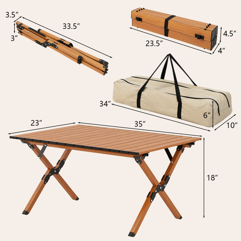 Professional title: "Portable Aluminum Camping Table with Wood Grain Finish"