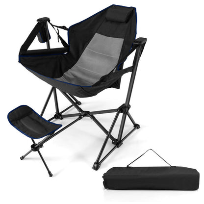 Professional title: "Portable Hammock Camping Chair with Retractable Footrest and Carrying Bag in Navy Color"