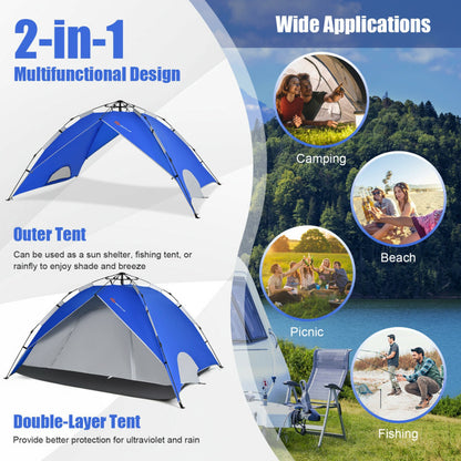 Professional title: "Blue 2-In-1 Instant Pop-Up Waterproof Camping Tent for 4 People"