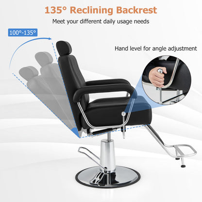 Professional title: "Black Salon Hydraulic Barber Chair with 360-Degree Swivel, Adjustable Headrest, and Reclining Backrest"