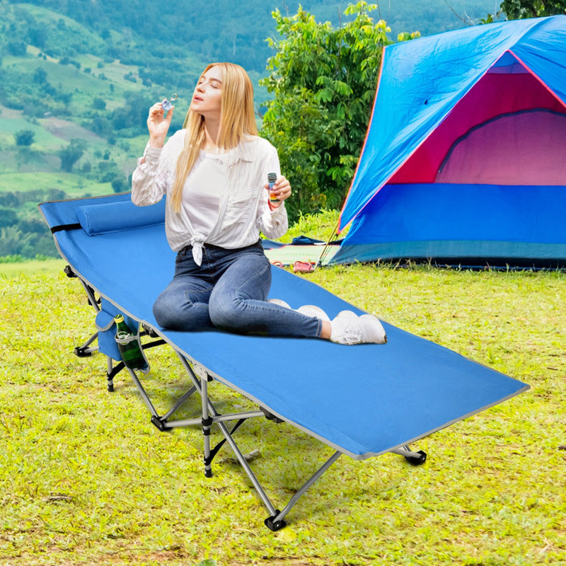 Professional title: ```Green Folding Camping Cot with Side Storage Pocket and Detachable Headrest```