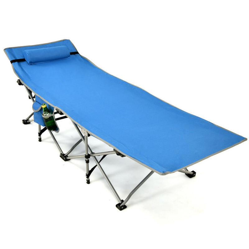 Professional title: ```Green Folding Camping Cot with Side Storage Pocket and Detachable Headrest```