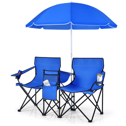 Professional title: "Gray Portable Folding Picinic Double Chair with Umbrella"