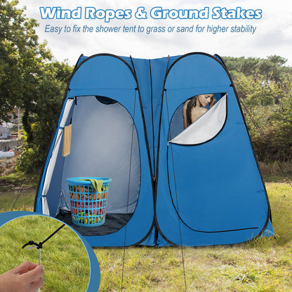 Professional title: ```Large Portable Shower Tent with Window, Floor, and Storage Pocket in Blue```