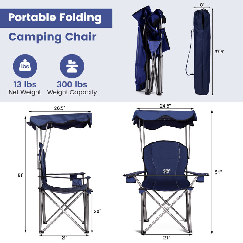 Professional title: ```Blue Portable Folding Beach Chair with Canopy and Cup Holders```